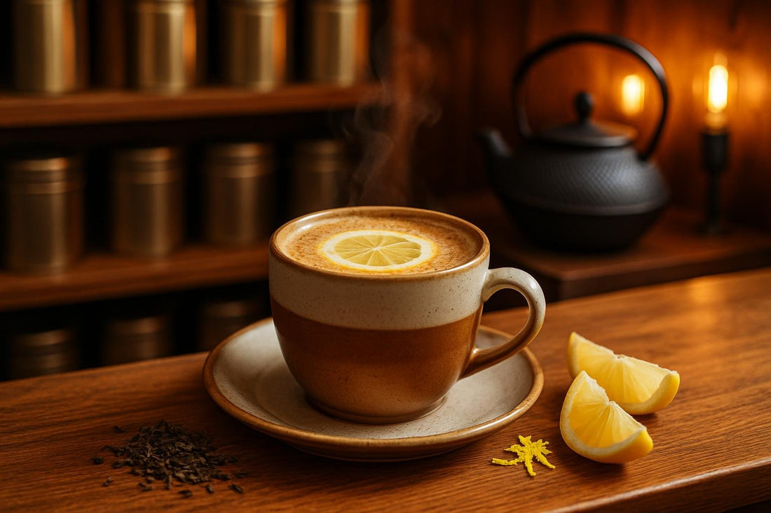 Lemon Ginger Tea in a ceramic mug on an oak bar