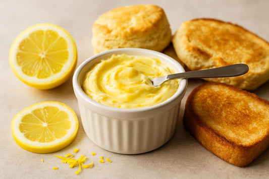 Lemon Honey Butter in a crock with warm biscuits