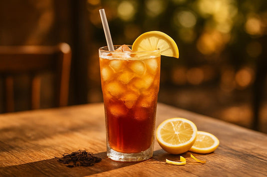 Lemon Iced Tea in a glass on an oak patio table