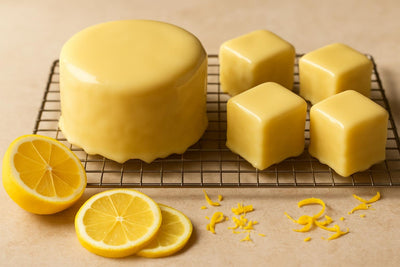 Cake coated in glossy lemon poured fondant icing