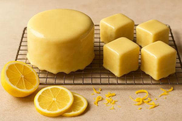 Cake coated in glossy lemon poured fondant icing