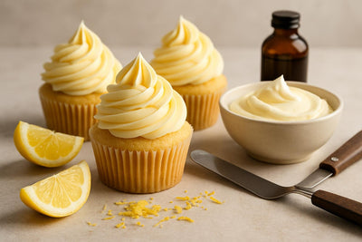 Cupcakes piped with lemon Swiss meringue buttercream frosting