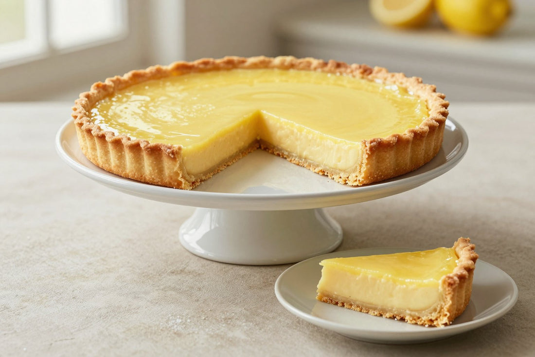 A lemon tart on a cake stand with one slice cut out and served on a small plate