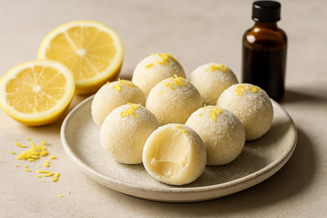 Lemon White Chocolate Truffles on a plate, one bitten