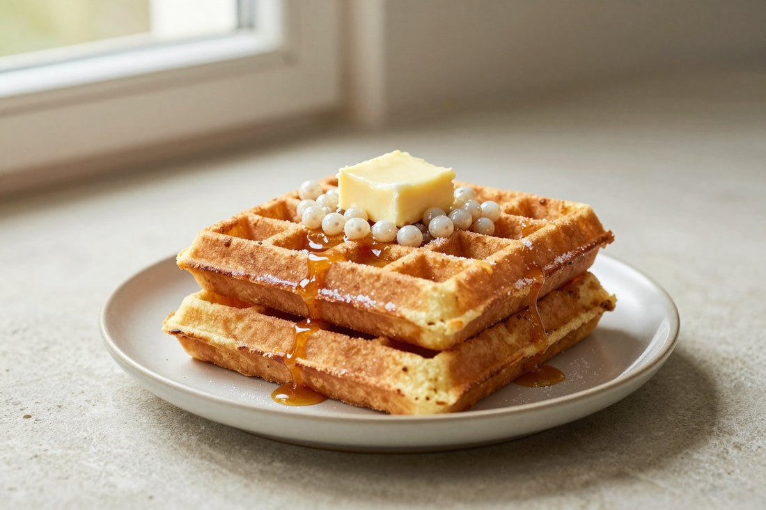 A stack of golden liege-style waffles on a plate with a pat of butter and the toppings from the recipe