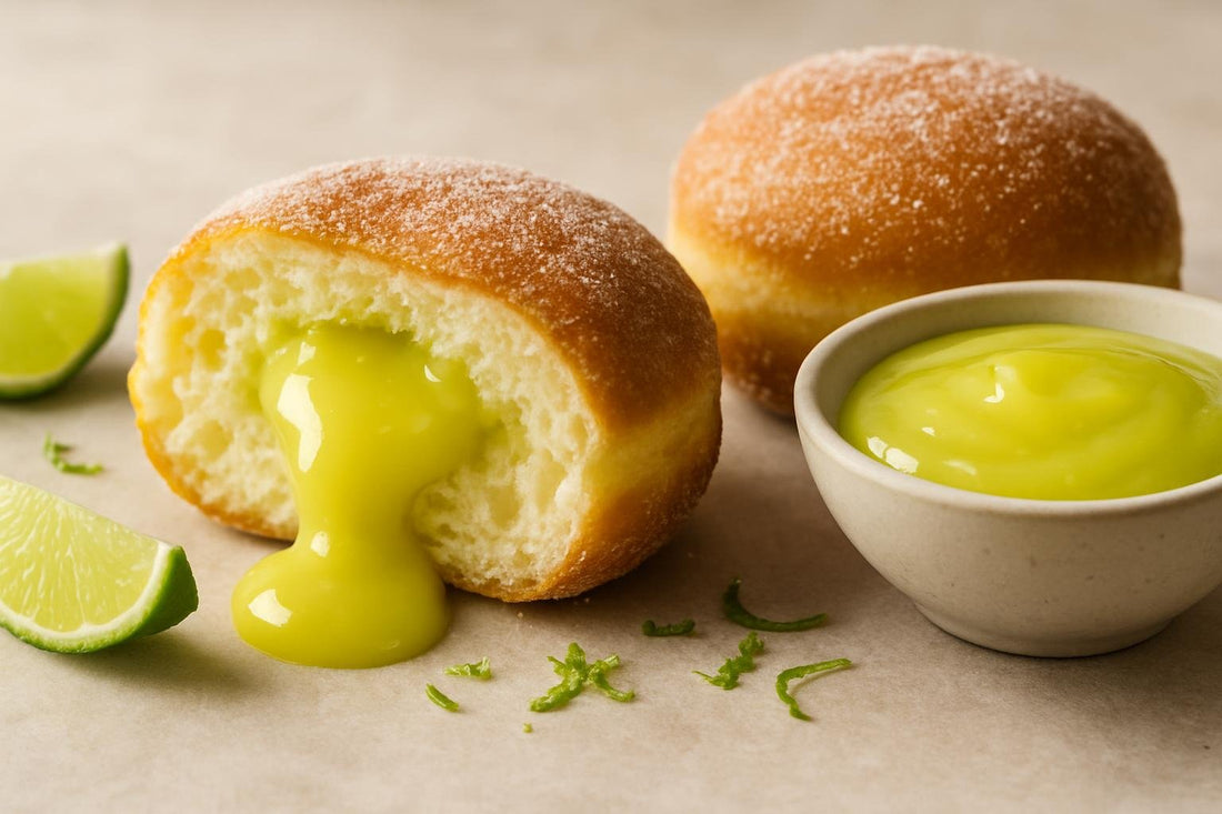 Filled doughnut cut open to show lime curd