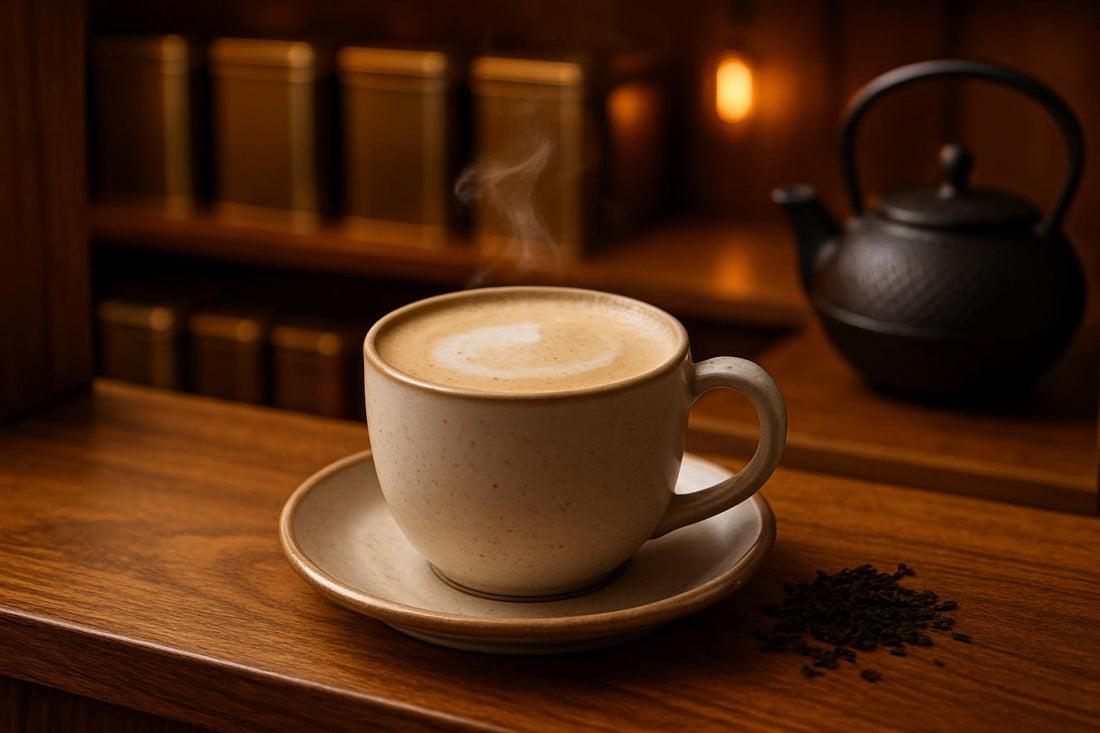 London Fog in a ceramic mug on an oak bar