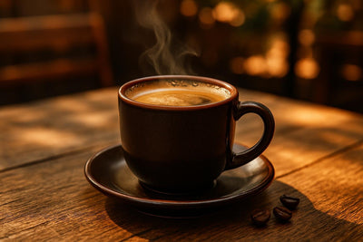 Long Black in a ceramic mug on an oak patio table