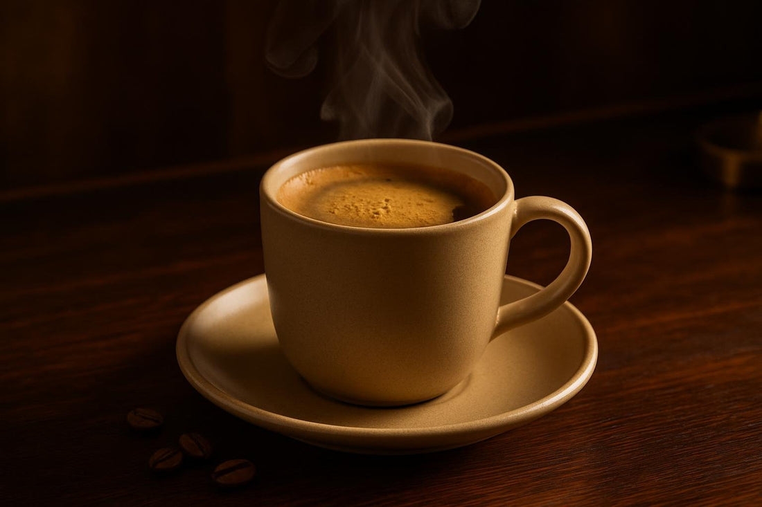 Lungo in a ceramic mug on an oak bar
