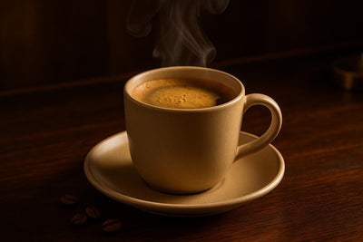 Lungo in a ceramic mug on an oak bar