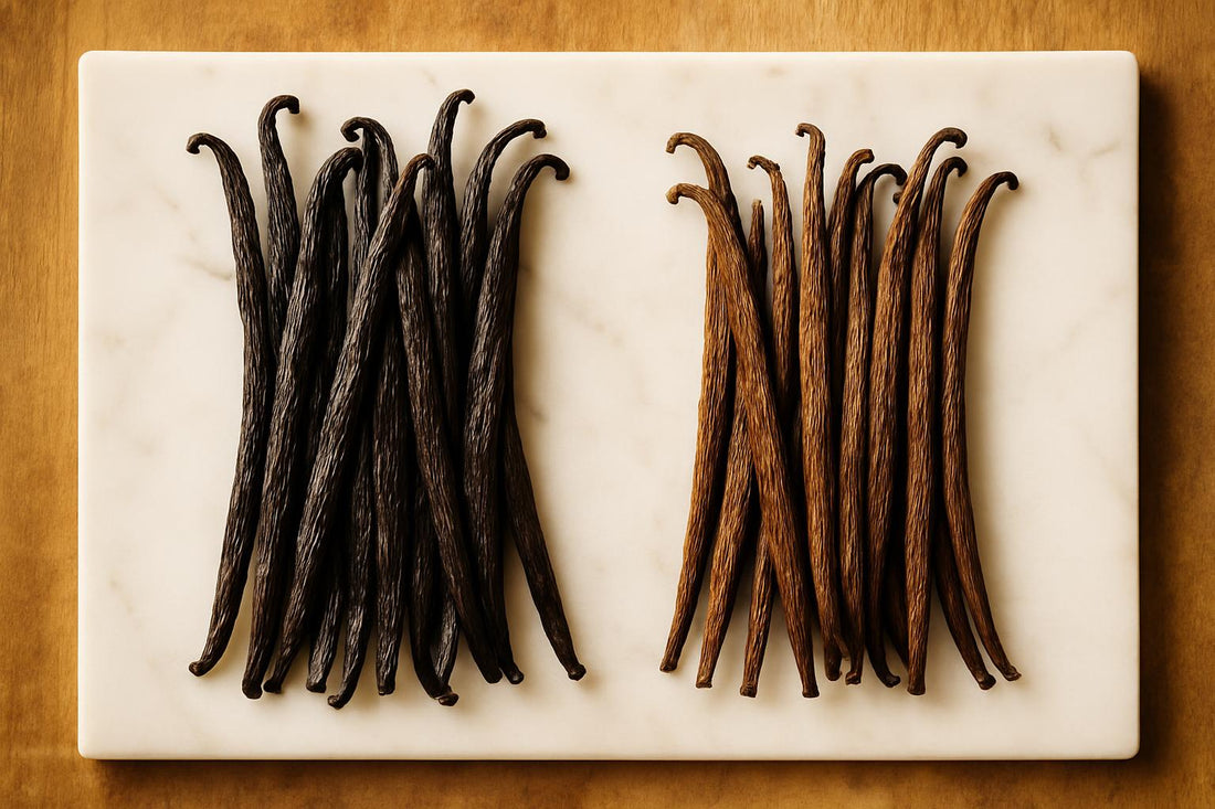 Two piles of vanilla beans side by side on white marble surface, left pile plump and oily dark brown beans, right pile