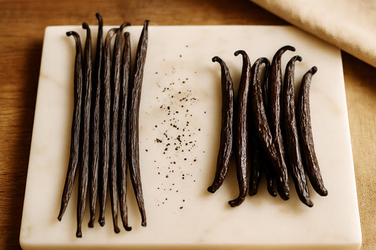 Two groups of vanilla beans on a white marble surface: long slim dark Madagascar beans on left, shorter plumper oily Tahitian