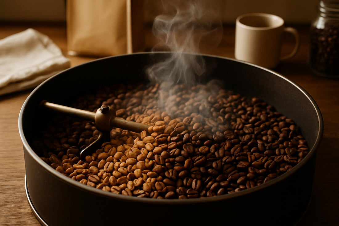 Coffee beans undergoing maillard reaction during roasting, transitioning to medium brown with visible steam