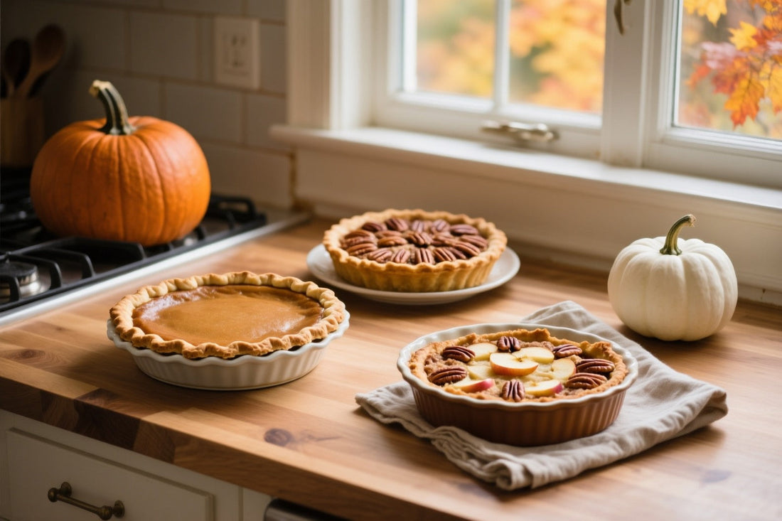 Pumpkin pie, pecan pie and an apple pecan crumble made ahead on a kitchen counter with autumn pumpkins