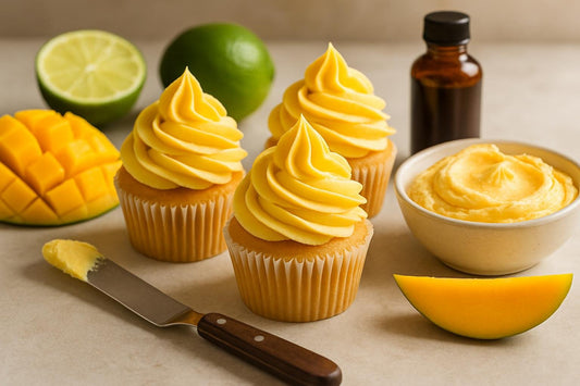 Cupcakes piped with mango buttercream frosting