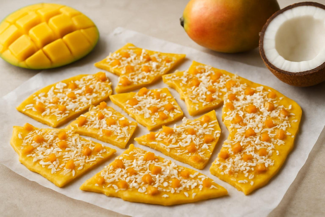 Shards of mango coconut bark on parchment