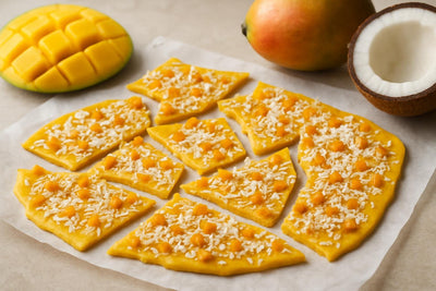 Shards of mango coconut bark on parchment