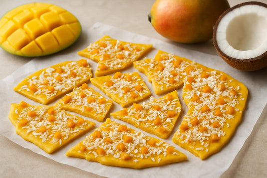 Shards of mango coconut bark on parchment