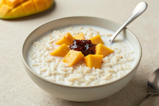 Creamy mango coconut rice pudding in a small ceramic bowl with a spoon, garnished as in the recipe