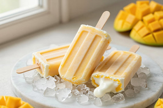 Three mango cream popsicles on a bed of crushed ice on a light marble surface, one with a bite taken out