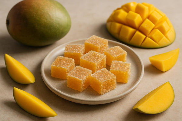 Squares of mango fruit jellies rolled in sugar