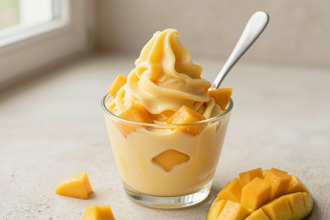 A generous swirl of mango gelato in a small glass cup with a flat gelato spade