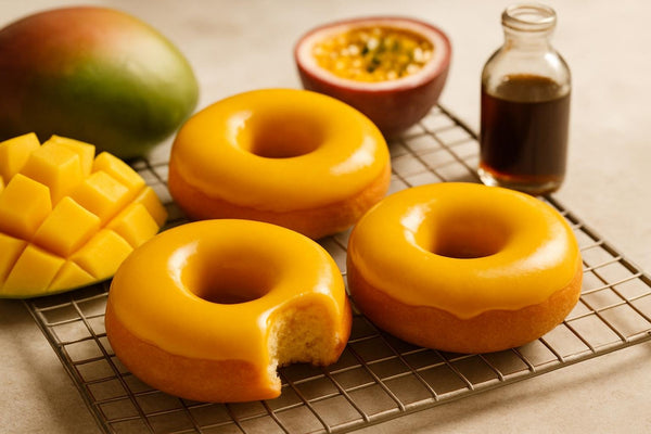 Doughnuts finished with mango glaze on a cooling rack