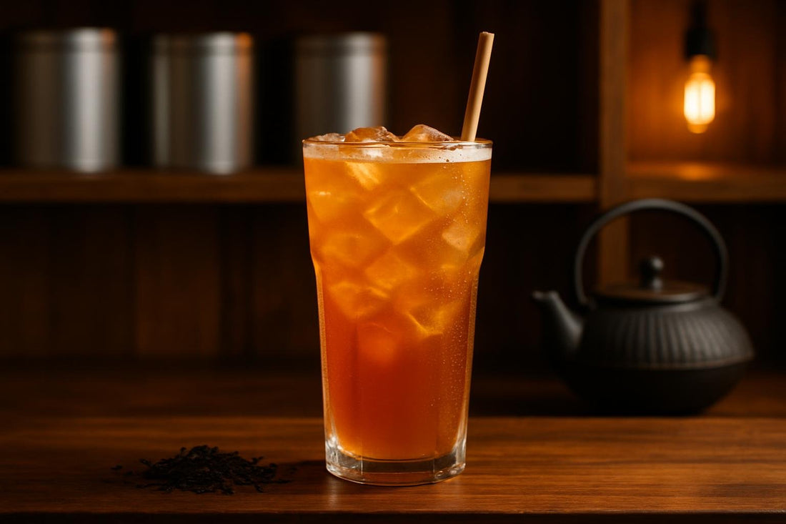 Mango Iced Tea in a glass on an oak bar