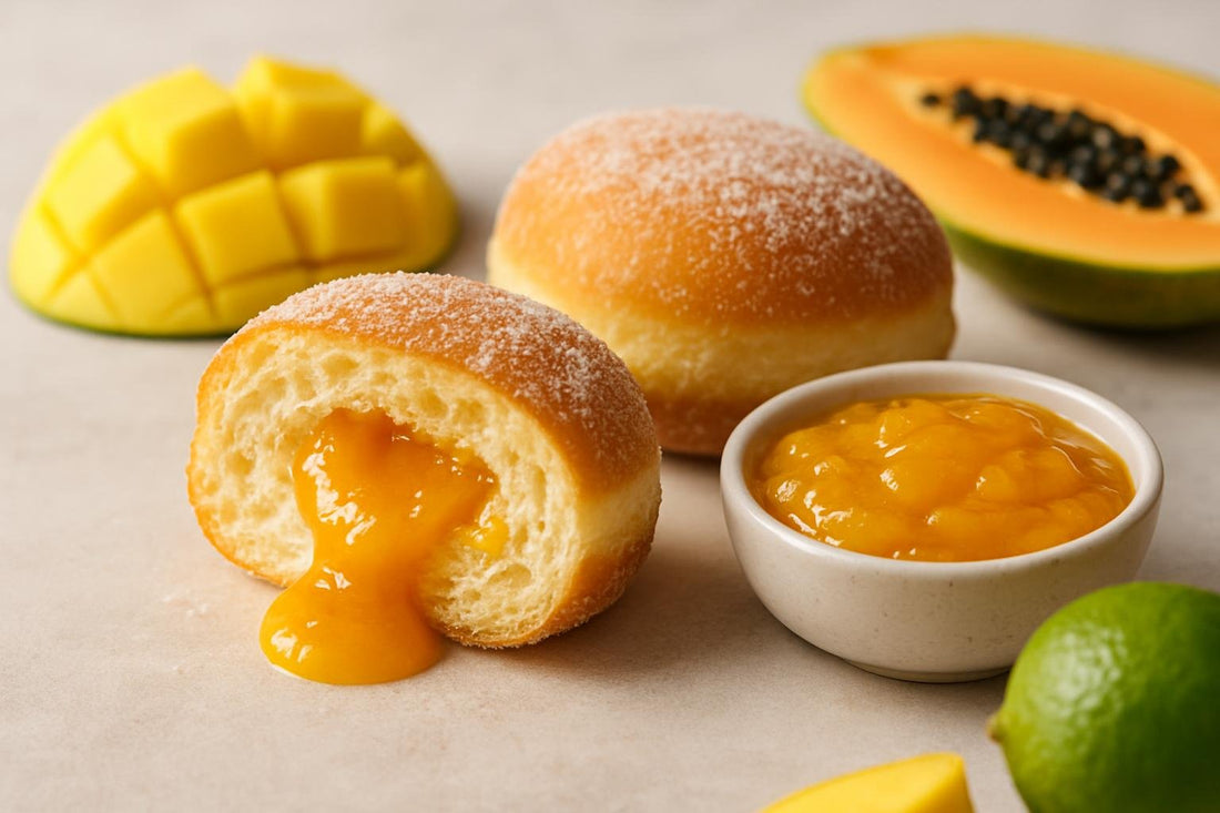 Filled doughnut cut open to show mango jam filling