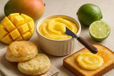Mango Lime Butter in a crock with warm biscuits