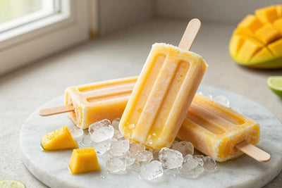 Three mango popsicles on a bed of crushed ice on a light marble surface, one with a bite taken out