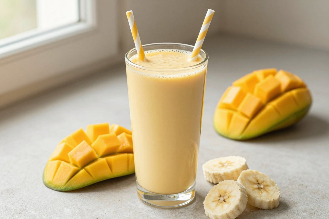 A tall glass of thick, creamy mango protein shake with a straw, a few of its fresh ingredients beside it