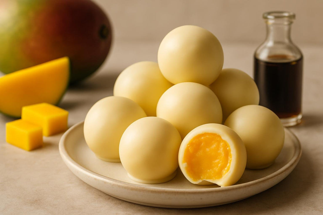 Mango White Chocolate Truffles on a plate, one bitten