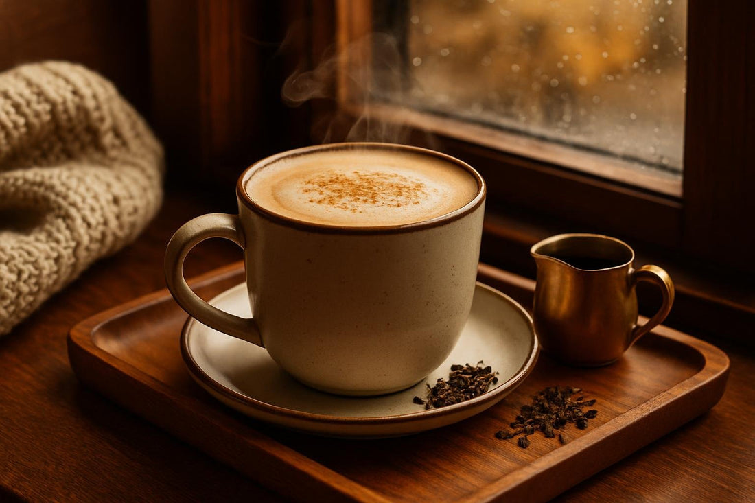 Maple Chai Latte in a ceramic mug on an oak tray by a window