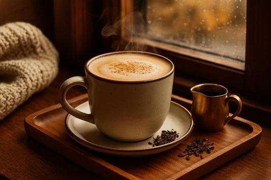 Maple Chai Latte in a ceramic mug on an oak tray by a window