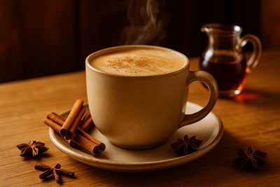 Maple Chai in a ceramic mug on an oak kitchen island