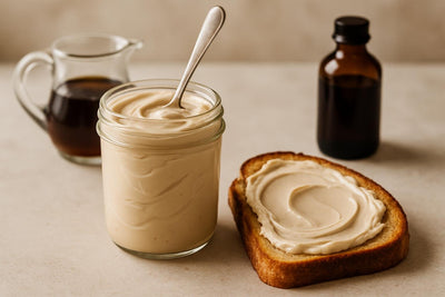 Jar of maple cream cheese spread with toast