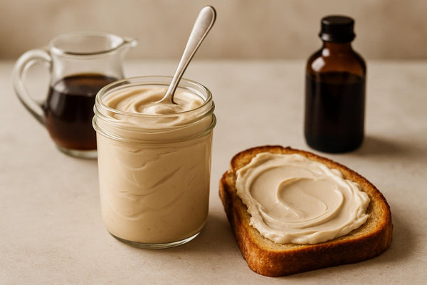Jar of maple cream cheese spread with toast