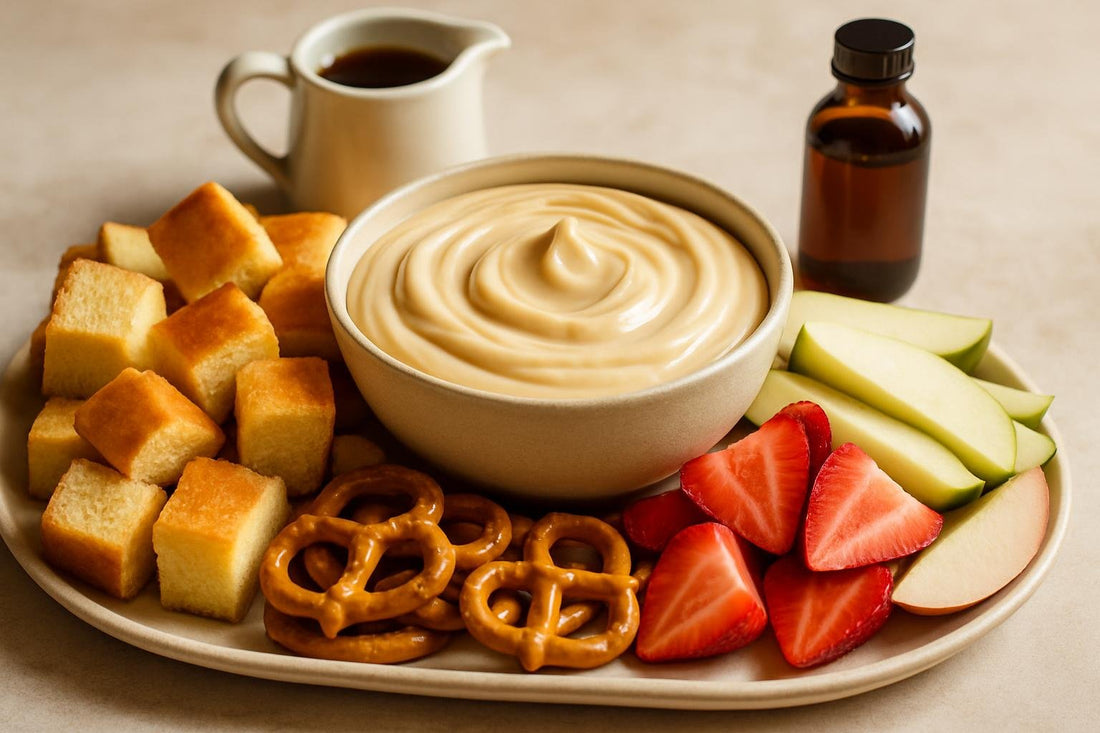 Bowl of maple cream dip with brioche, pretzels and fruit