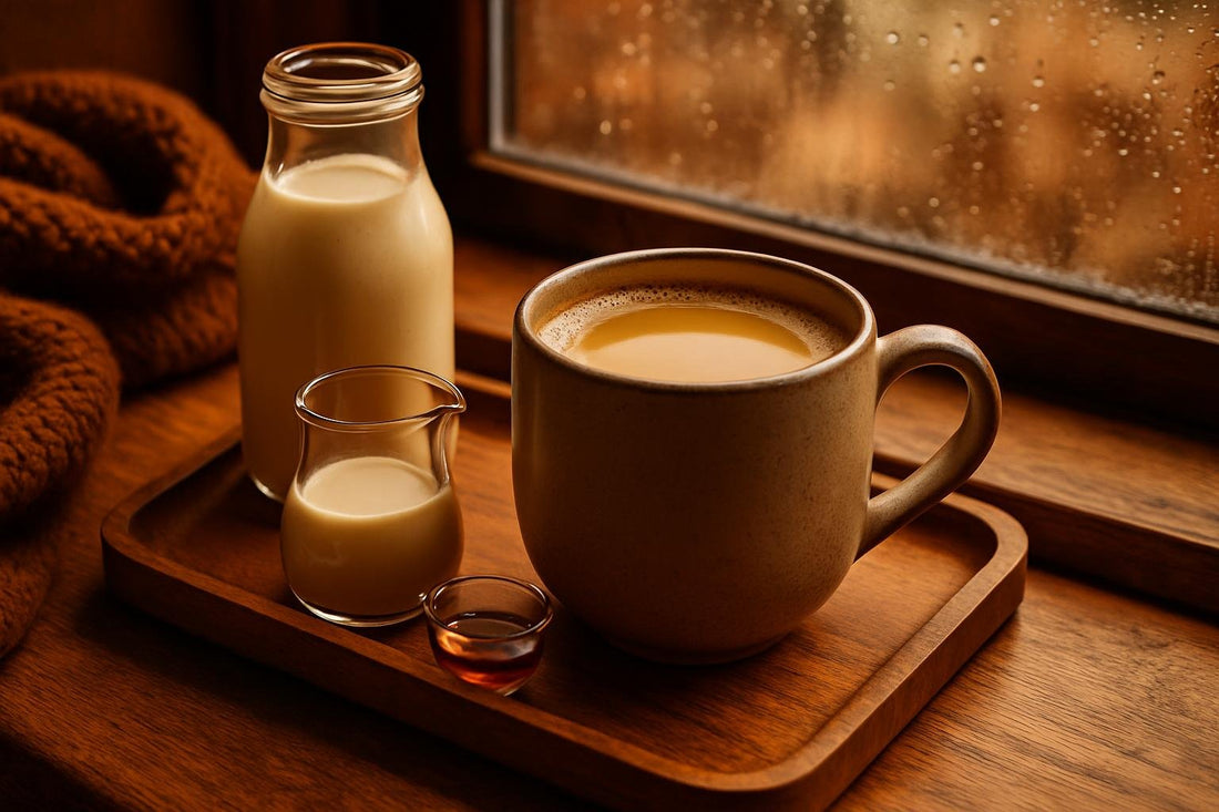 Maple Creamer in a ceramic mug on an oak tray by a window