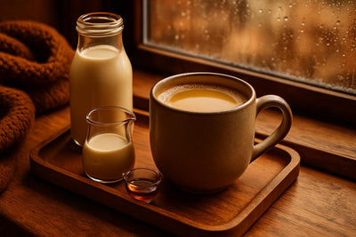 Maple Creamer in a ceramic mug on an oak tray by a window