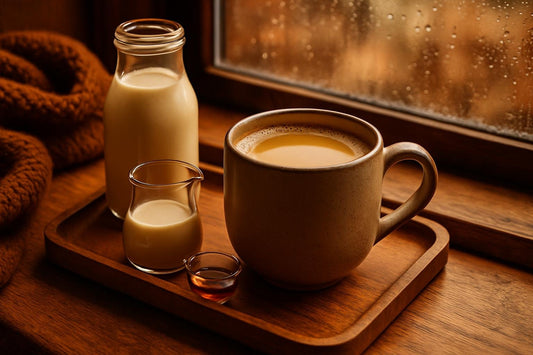 Maple Creamer in a ceramic mug on an oak tray by a window