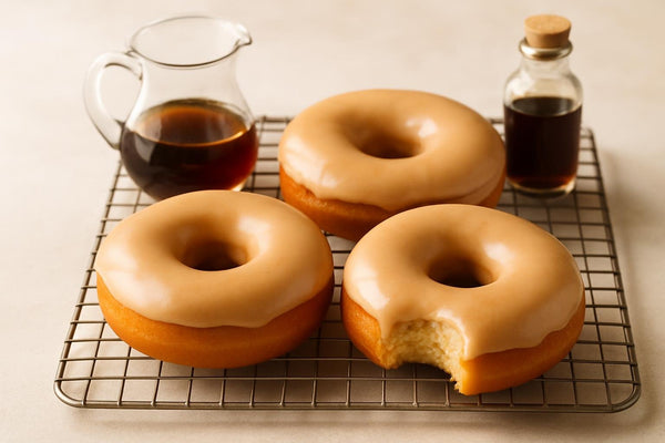 Doughnuts finished with maple glaze on a cooling rack