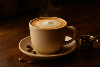 Maple Latte in a ceramic mug on an oak bar