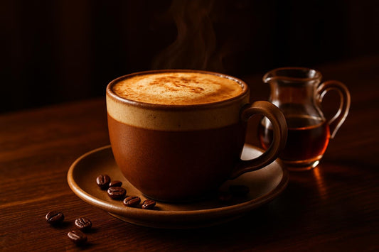 Maple Mocha in a ceramic mug on an oak bar