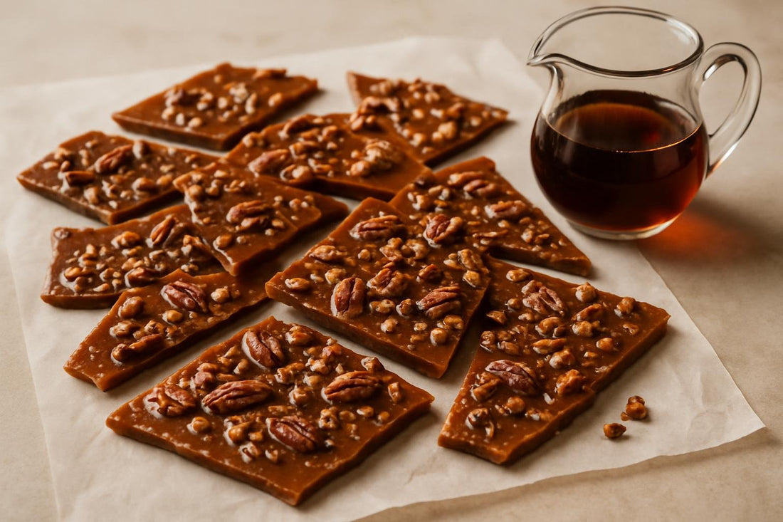 Shards of maple pecan bark on parchment