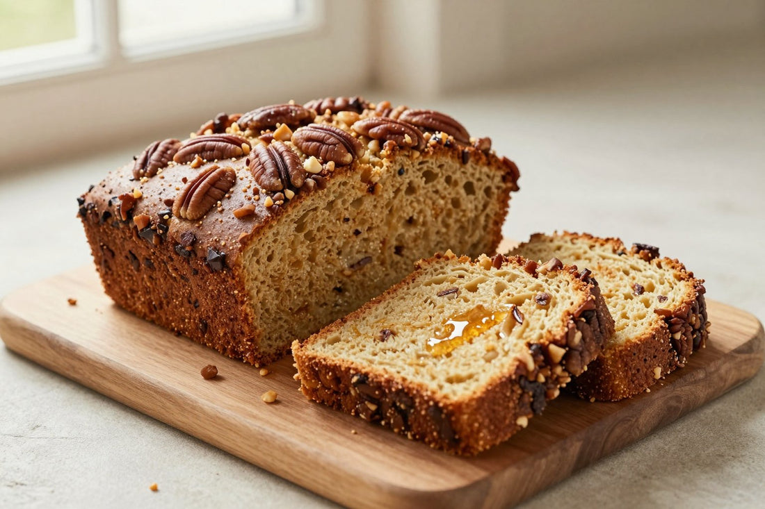 A loaf of maple pecan bread on a wooden board, two thick slices cut to show the moist crumb