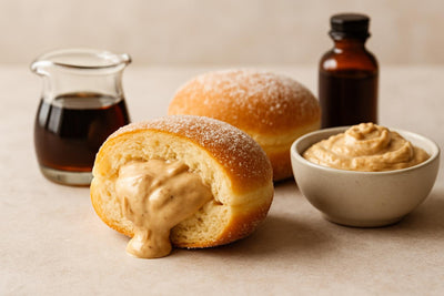 Filled doughnut cut open to show maple pecan cream filling