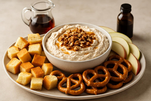 Bowl of maple pecan dip with brioche, pretzels and fruit