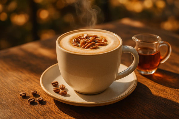 Maple Pecan Latte in a ceramic mug on an oak patio table